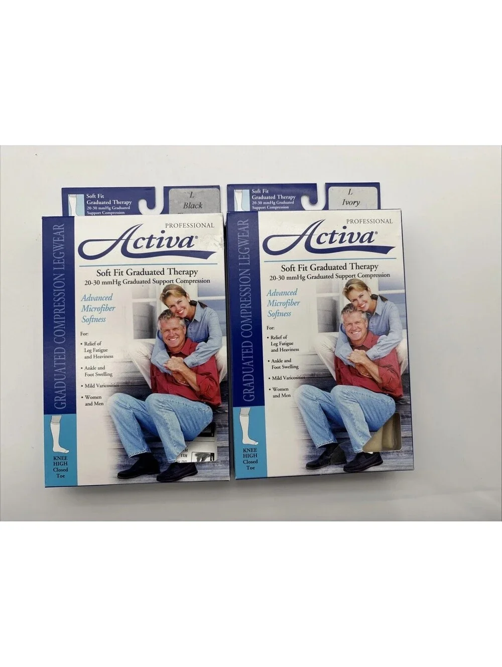 Set 2 (black & Ivory) Activa Soft Fit Knee High Closed Toe 20-30mmHg, Large NEW